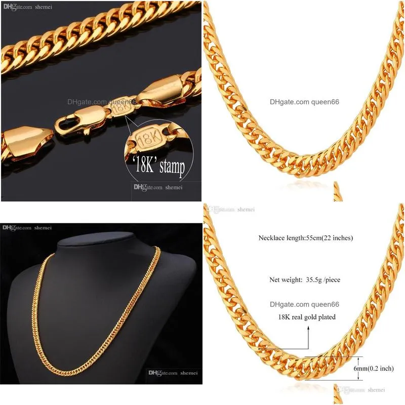 Chains Whold Chain Necklace Men 18K Stamp Real Gold Plated 6Mm 55Cm 22Quot Necklaces Classic Curb Cuban Hip Hop 5387287 Jewelry Neckla Dh06F