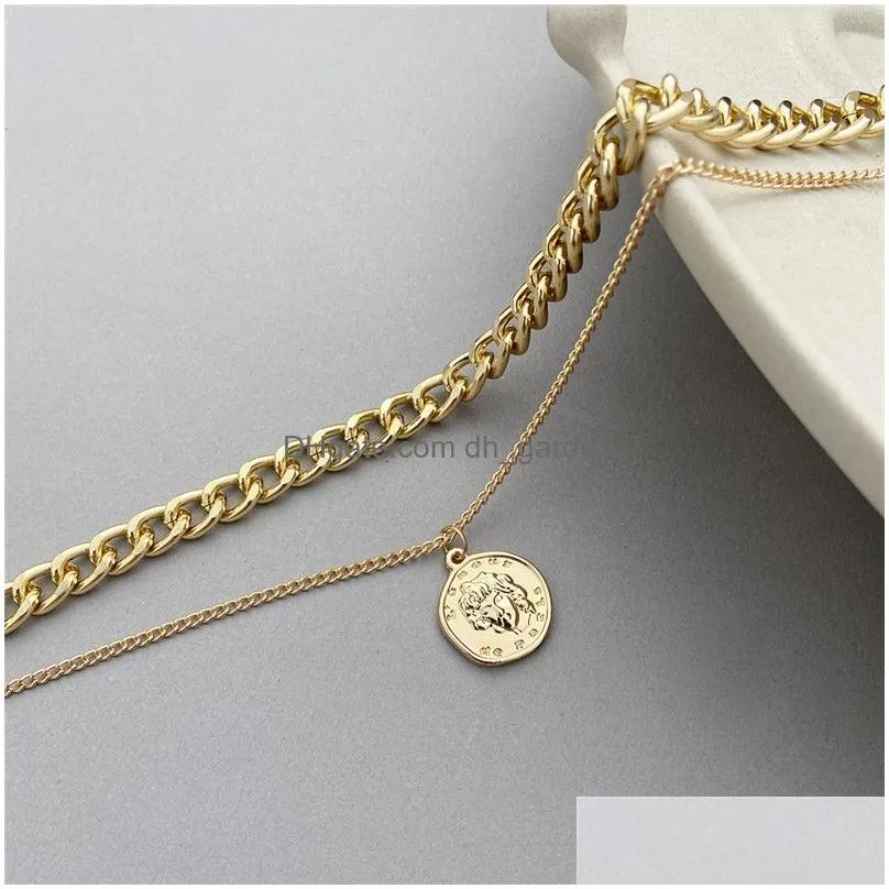 17Km Retro Portrait Coin Pendant Big Thick Chain Necklace For Women Exaggerated Choker Geometric Round Necklaces Jewelry Dhgarden Otsk2