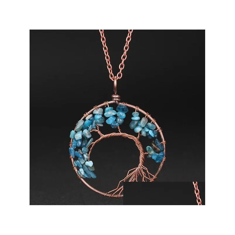 Pendant Necklaces Tree Of Life Natural Stone Pendant Necklace Bronze Wire Agate Amethyst Turquoise Beads Necklaces For Women Children Dhfdm