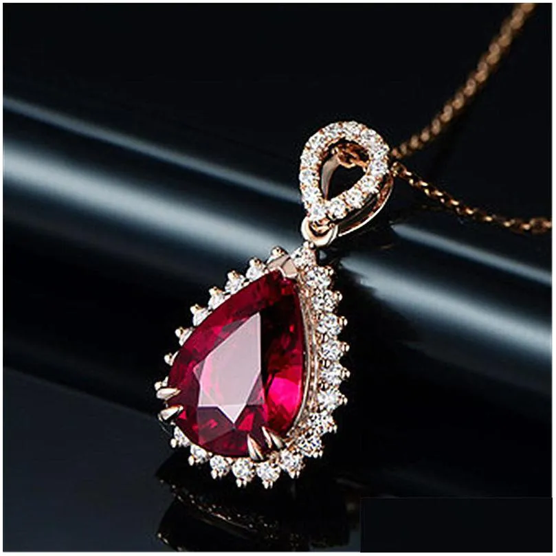 Pendant Necklaces Blue Red Diamond Water Drop Necklace Rose Gold Chains Women Crystal Necklaces Fashion Jewelry Gift Will And Jewelry Dhajz