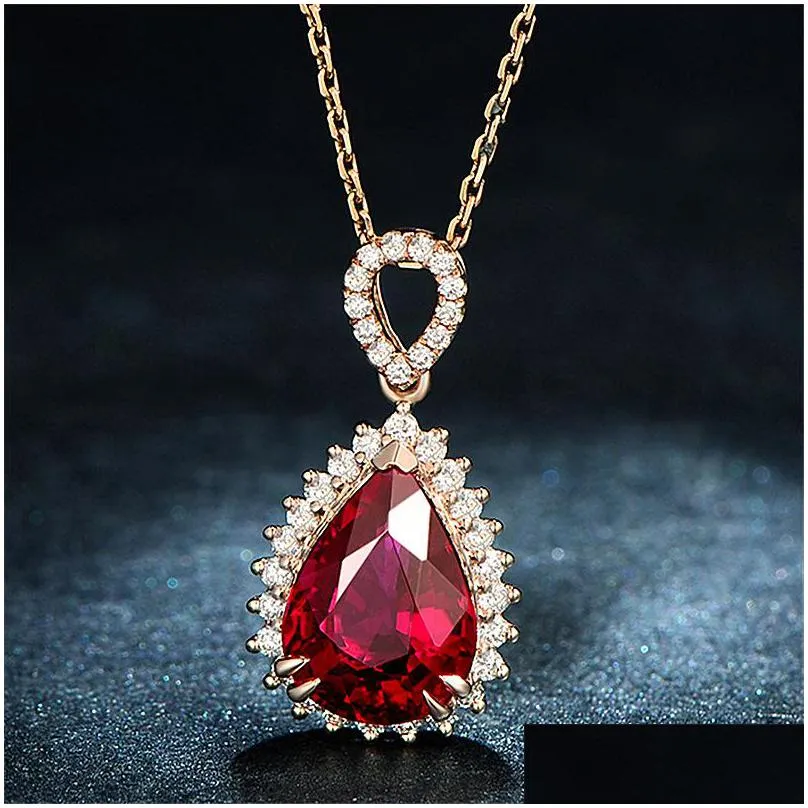 Pendant Necklaces Blue Red Diamond Water Drop Necklace Rose Gold Chains Women Crystal Necklaces Fashion Jewelry Gift Will And Jewelry Dhajz