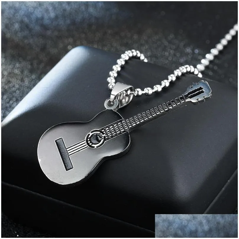 Pendant Necklaces Stainless Steel Music Guitar Pendant Necklace Women Mens Necklaces Black Gold Hip Hop Fashion Jewelry Will And Sandy Dh0Xu