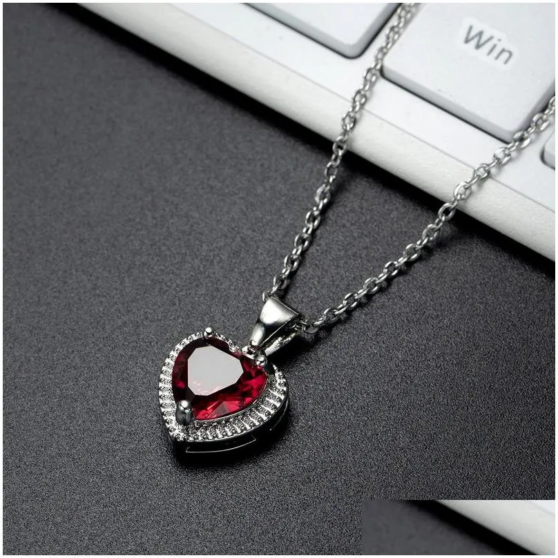 Pendant Necklaces Diamond Heart Pendant Necklace Stainelss Steel Chain Women Girls Necklaces Red Green Crystal Fashion Jewelry Will An Dhlxh