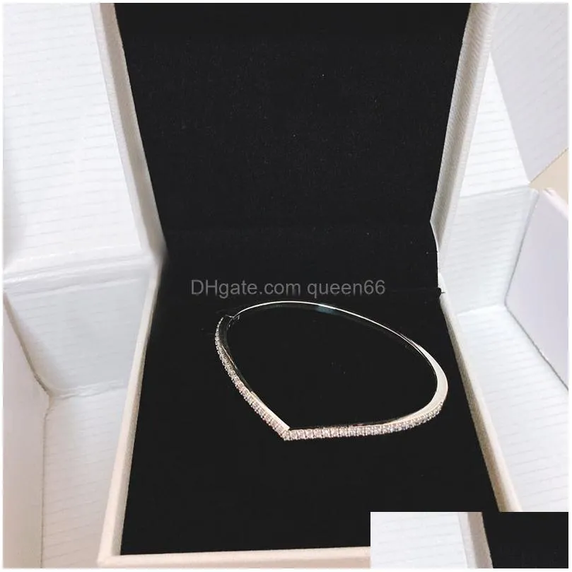 Bangle Cz Diamond Sparkling Wishbone Bangle Bracelet Set Real Sterling Sier Women Wedding Jewelry With Original Box For P Girlfriend G Dh9Po