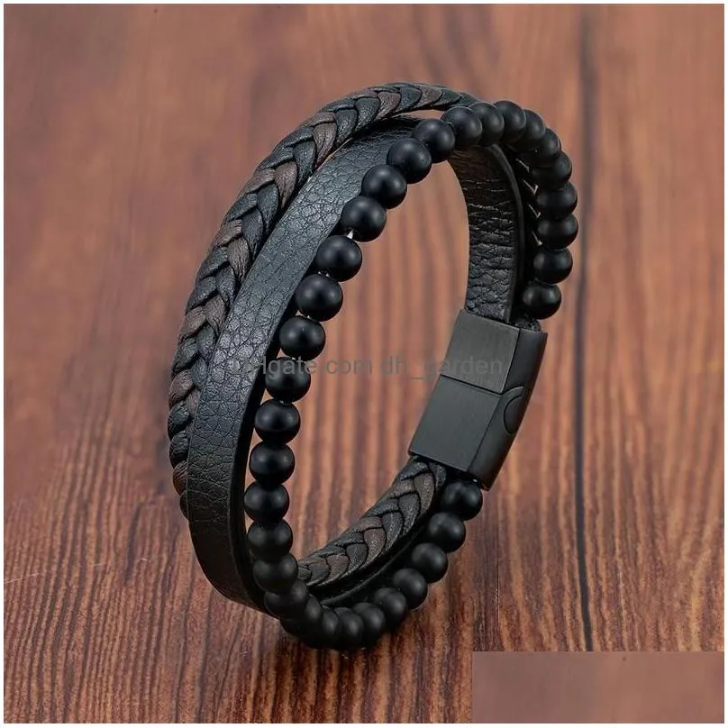 Fashion Mutilayer Leather Bracelet For Men Charm Stainless Steel Magnetic Clasp Wrap Bangle Dhgarden Otrjn