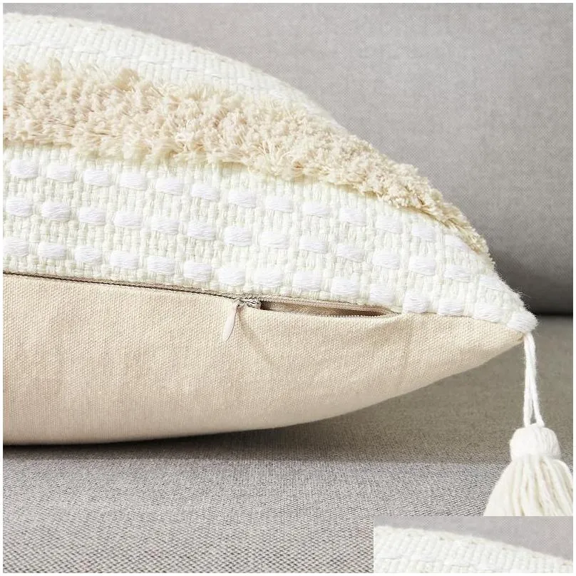 Cushion/Decorative Pillow Pillow /Decorative Tassel Beige Er Tufted Cotton Linen Pillowcases For Living Room Soft Sofa Bed Chair Home Dhfc0