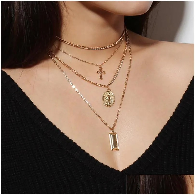 Pendant Necklaces Gold Bar Madonna Necklace Sier Cross Mtilayer Choker Pendants Fashion Jewelry For Women Will And Jewelry Necklaces P Dhyiw