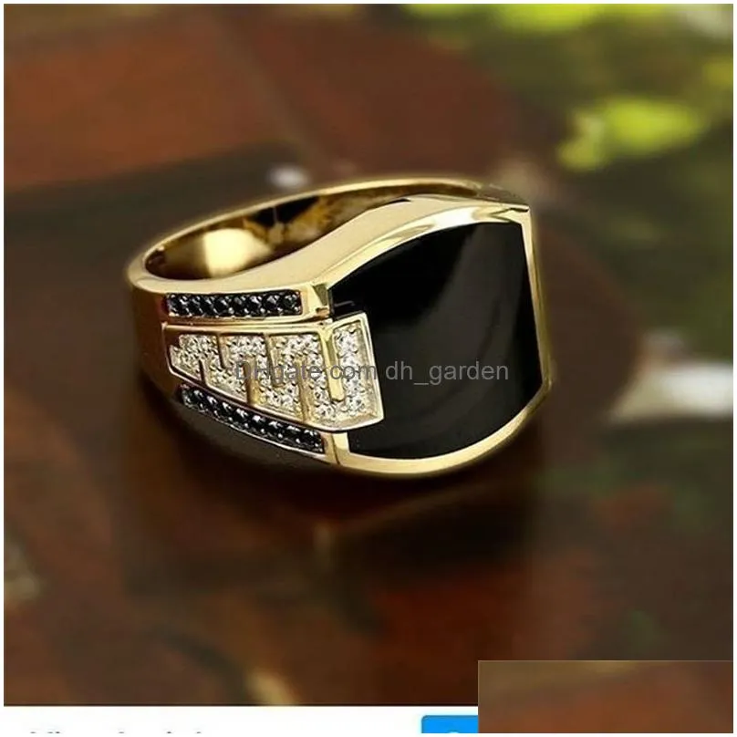 Classic Mens Ring Fashion Metal Gold Color Inlaid Black Stone Zircon Punk Rings For Men Dhgarden Otmug