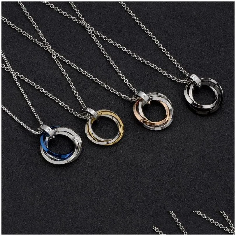 Pendant Necklaces Stainless Steel Three Rings Pendant Necklace Gold Ring Crystal Necklaces For Women Men Fashion Jewelry Will And Sand Dhph6
