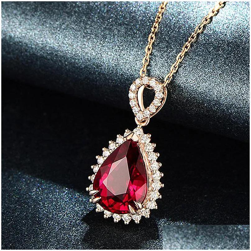 Pendant Necklaces Blue Red Diamond Water Drop Necklace Rose Gold Chains Women Crystal Necklaces Fashion Jewelry Gift Will And Jewelry Dhajz