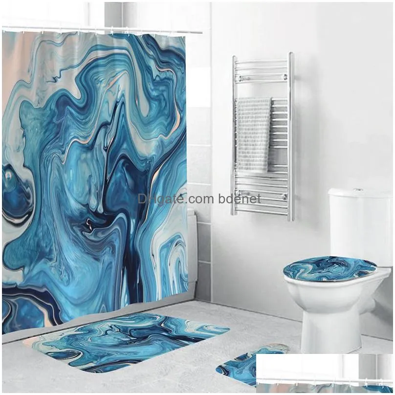 Shower Curtains Marble White Shower Curtain Set With Non Slip Rug Bath Mat Carpet Modern Bathroom Curtains Toilet Lid Er Home Decorati Dh2Ct