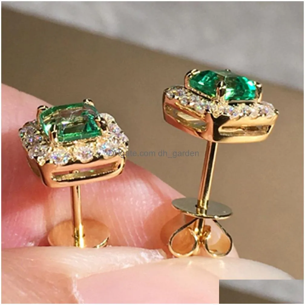 Eternity Green Cz Stud Earring For Women Gold Color Luxury Bride Wedding Earrings Elegant Ear Accessories Party Jewelry Dhgarden Otjcv