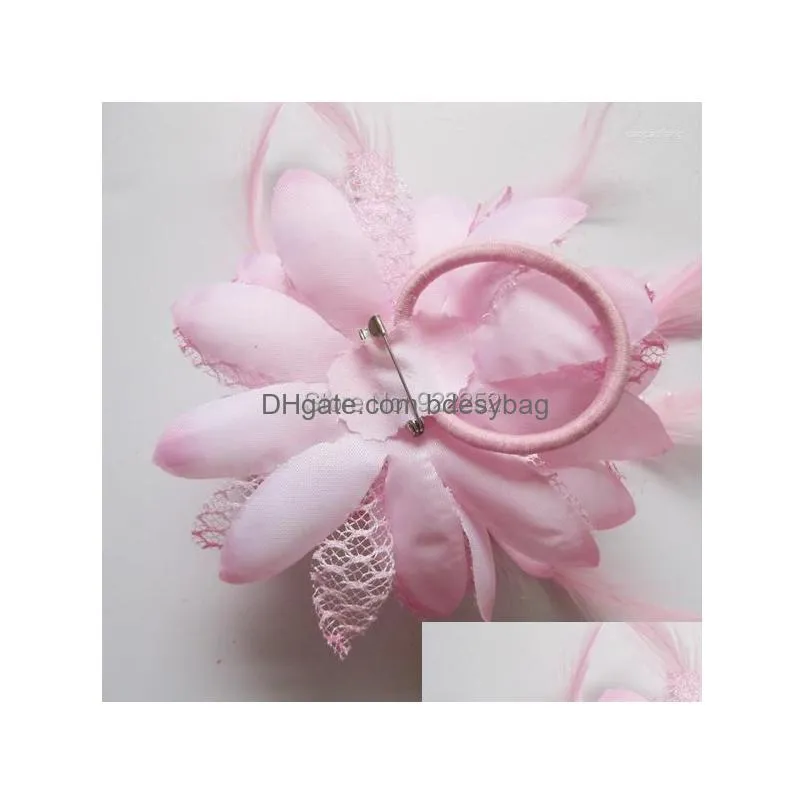 Decorative Flowers 11Cm Silk Roses Feather Pearl With Clip Elastic Cord Floral Head Wreath Christmas Headband Wrist Cors Dhkf5