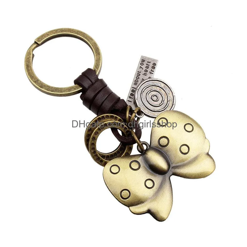 Key Rings Retro Metal Butterfly Keyring Leather Key Ring Bag Ornament Fashion Jewelry Jewelry Dhl7F