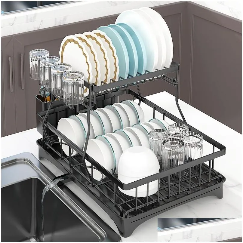 Dish Racks Table Top With Water Receiving Tray Chopsticks Tube Rack Cup Kitchen Sink Single Layer Double Bowl And Dish Drainage Home G Ot5Lu