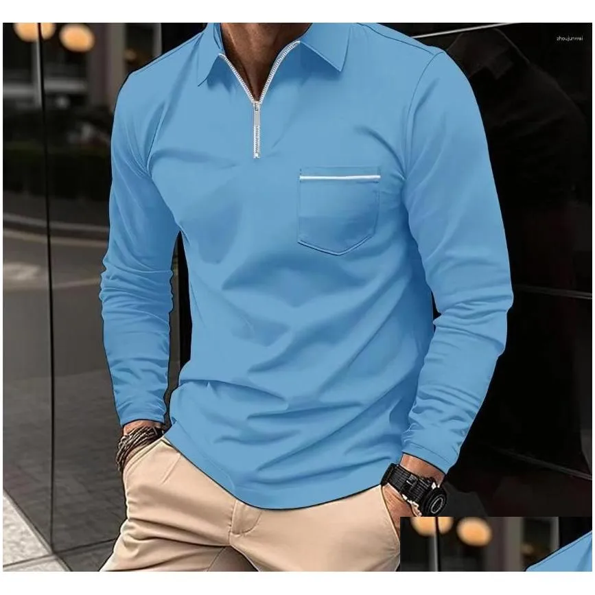 Men`S Polos Mens S T-Shirts For Men Fashion Versatile Casual Solid Color Zip Pocket Long Sleeved Sports Loose Fitting Shirt Autumn 202 Otz4M