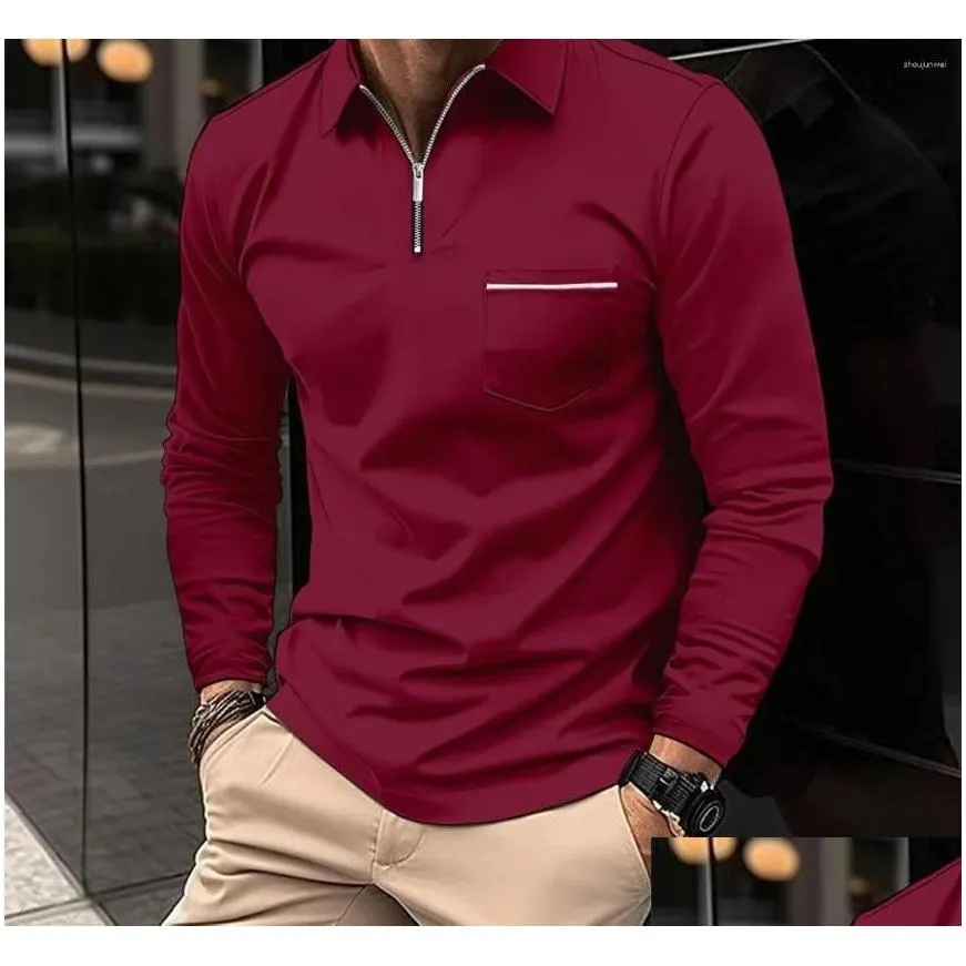 Men`S Polos Mens S T-Shirts For Men Fashion Versatile Casual Solid Color Zip Pocket Long Sleeved Sports Loose Fitting Shirt Autumn 202 Otz4M