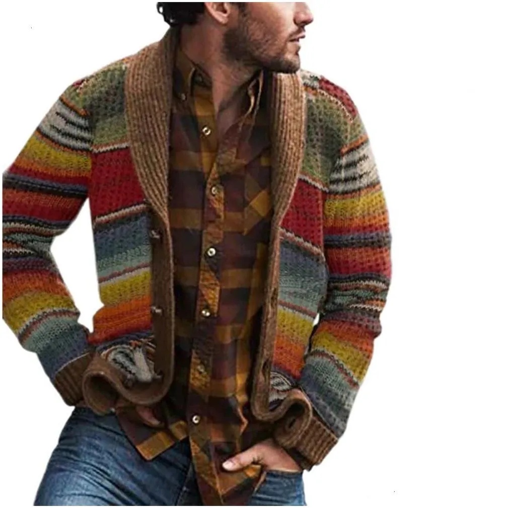 Men`S Jackets Mens Jackets Western Style Sweater Cardigan Knitwear Autumn Color Block Rainbow Striped Tops Cardigans 230923 Apparel Me Oto03