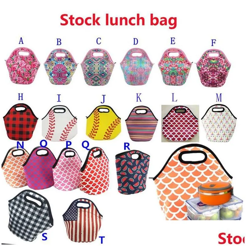 Lunch Bags Neoprene Lunch Bag Baseball Printing Waterproof Food Beverage Bento Box Tote Bags Picnic 12 Styles Home Garden Housekeeping Dhxu7