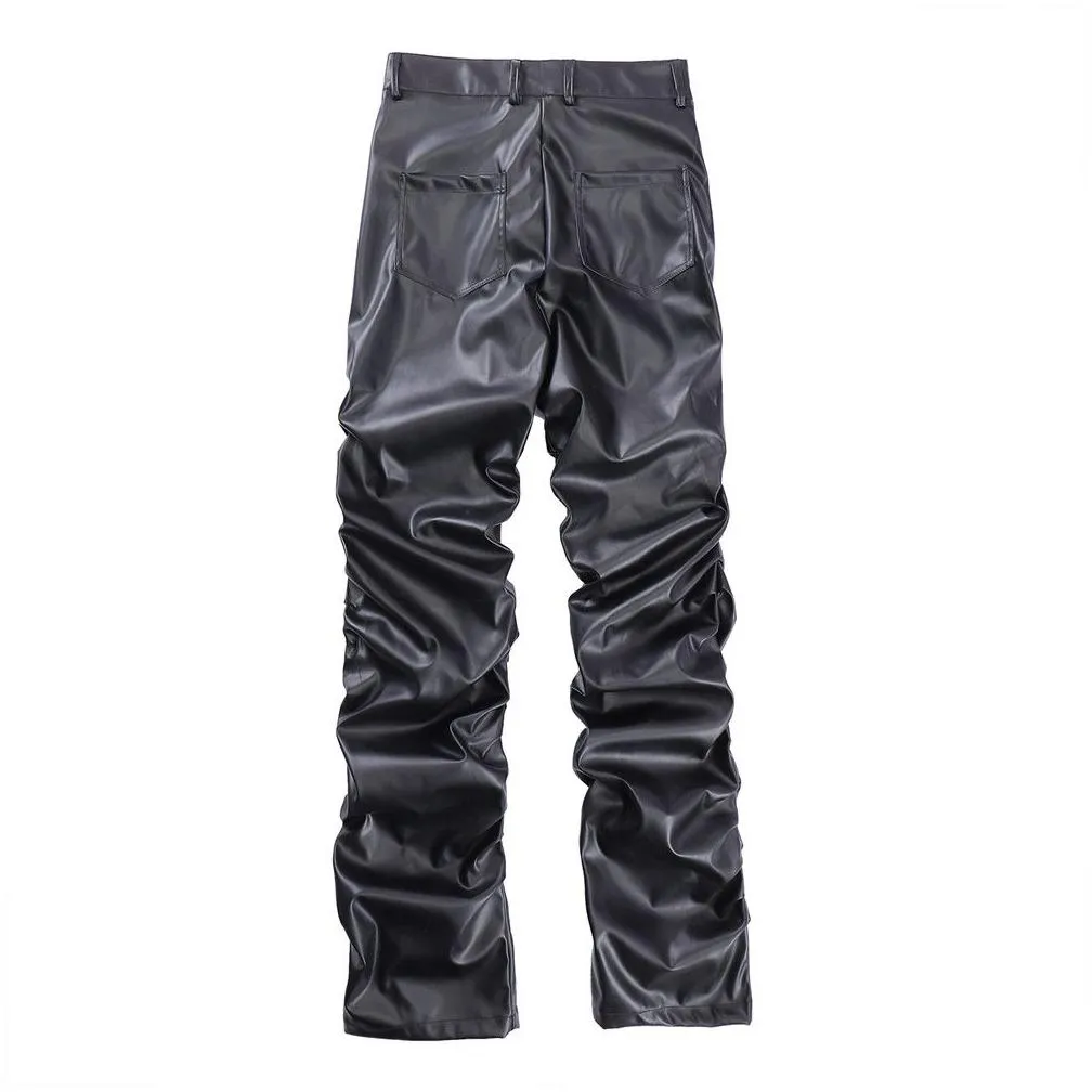 Men`S Pants Hip Hop Mens Pu Leather Stacked Pants Retro Streetwear Loose Casual Trousers Straight Solid Color Apparel Men`S Clothing Ot4Pc