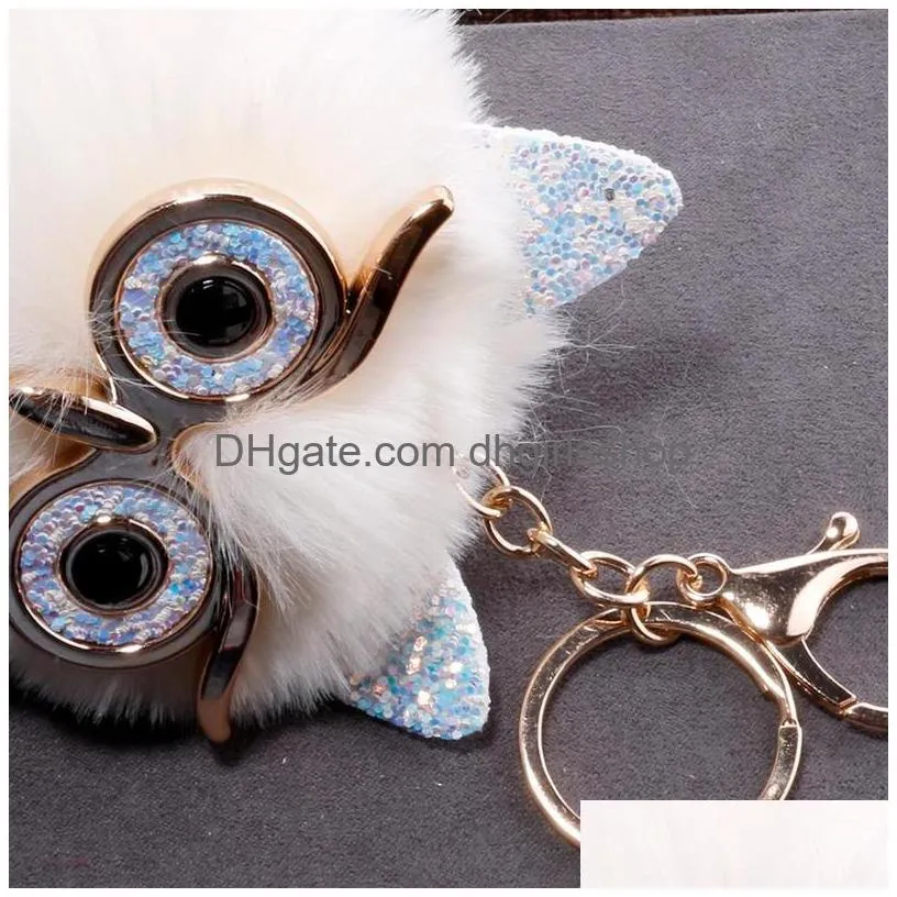 Key Rings Big Eye Owl Fur Key Ring Gold Bird Keychain Holder Bag Hangs Fashion Jewelry Will And Sandy Red White Jewelry Dhyiu