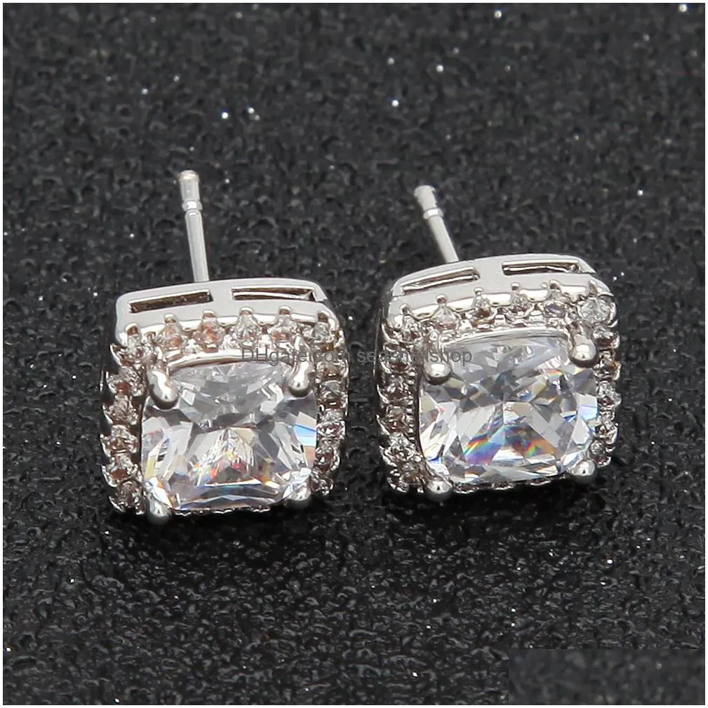 Stud Hip Hop Ear Stud New Four-Claw Black Nails Circar Square Transparent Zircon Gold Plated Earrings For Men Jewelry Earrings Dht5B