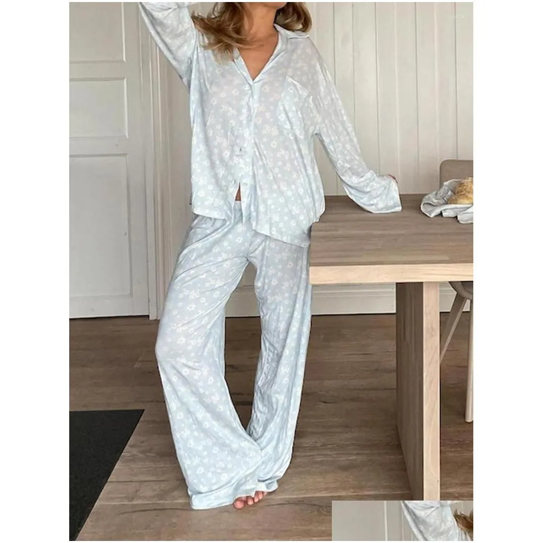 Women`S Sleepwear Womens Sleepwear 2 Piece Printed Pajama Set For Women Cute Stberry Floral Fruit Pattern Shirt Pants Button Up Outfit Otnn7
