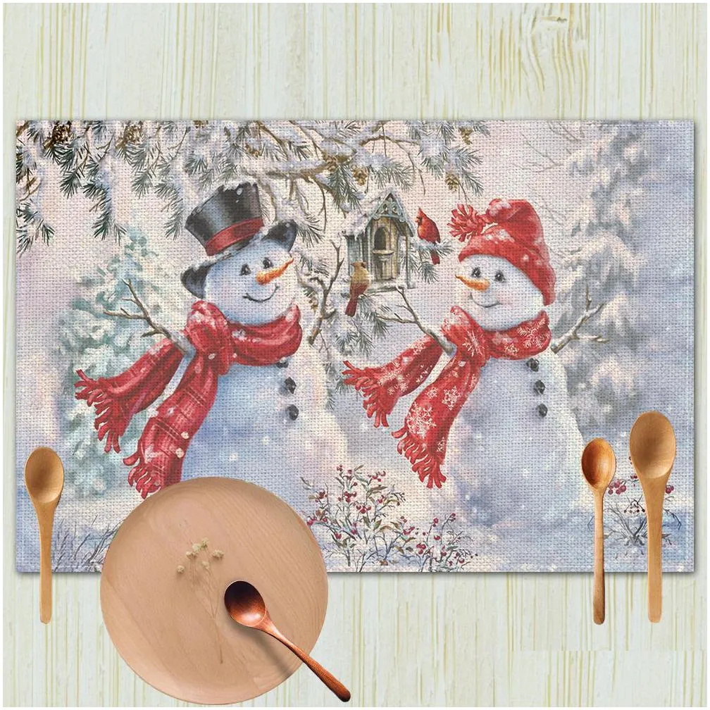 Mats & Pads Snowman Christmas Placemats For Dining Table New Year Seasonal Winter Xmas Holiday Rustic Vintage Washable Mats Home Garde Dhw2C