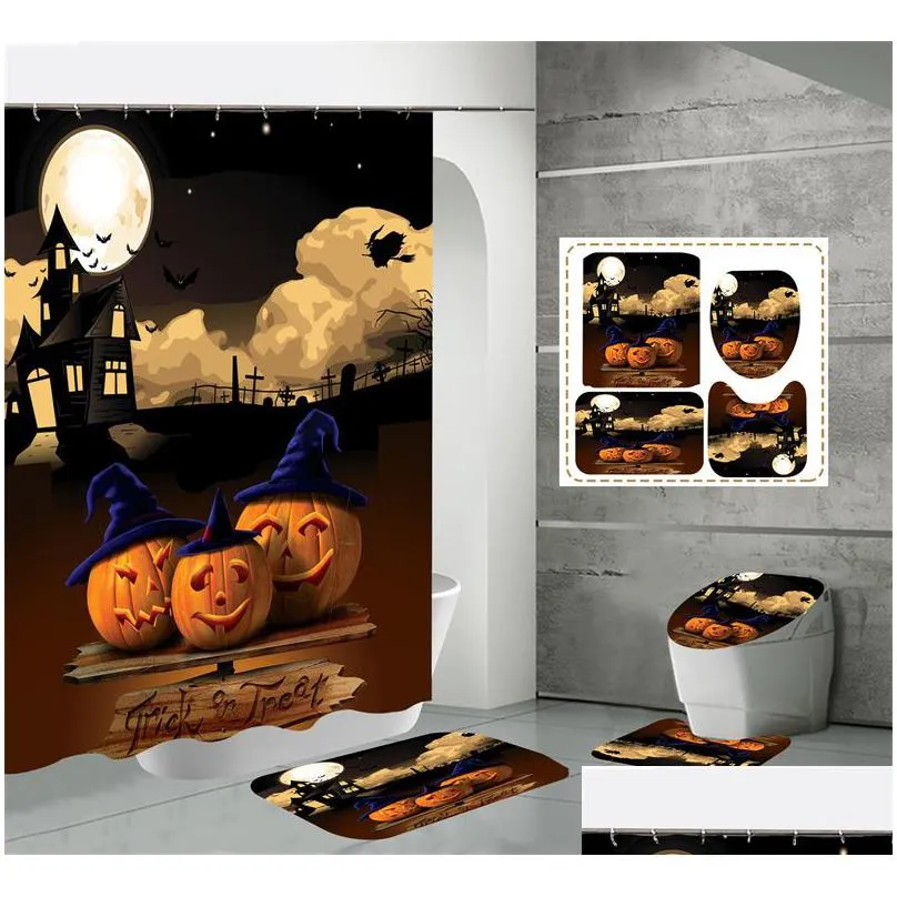 Shower Curtains Halloween Shower Curtain For Bathroom Kids Cartoon Pumpkin Wizard Hat Moon Castle Star Street Lamp Polyester Fabric Cu Dhacm