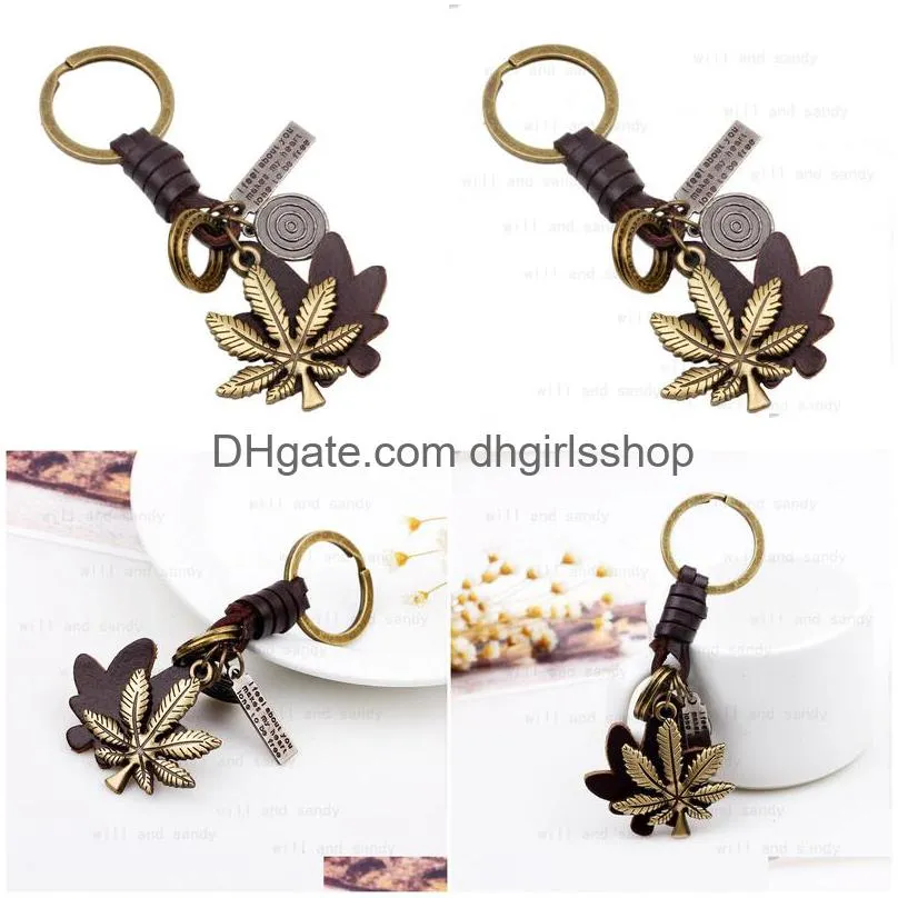 Key Rings Retro Metal Maple Leaf Key Rings Keychain Leather Keyring Bag Hangings Ornament Fashion Jewelry Jewelry Dh2Cl