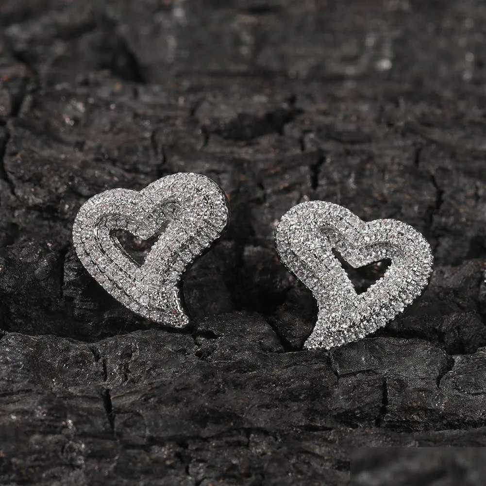 Stud 1 Pair Hip Hop Claw Set Cz Stone Bling Ice Out 3 Layers Heart Stud Earrings For Men Women Uni Lovers Rapper Jewelry Jewelry Earri Dhi70