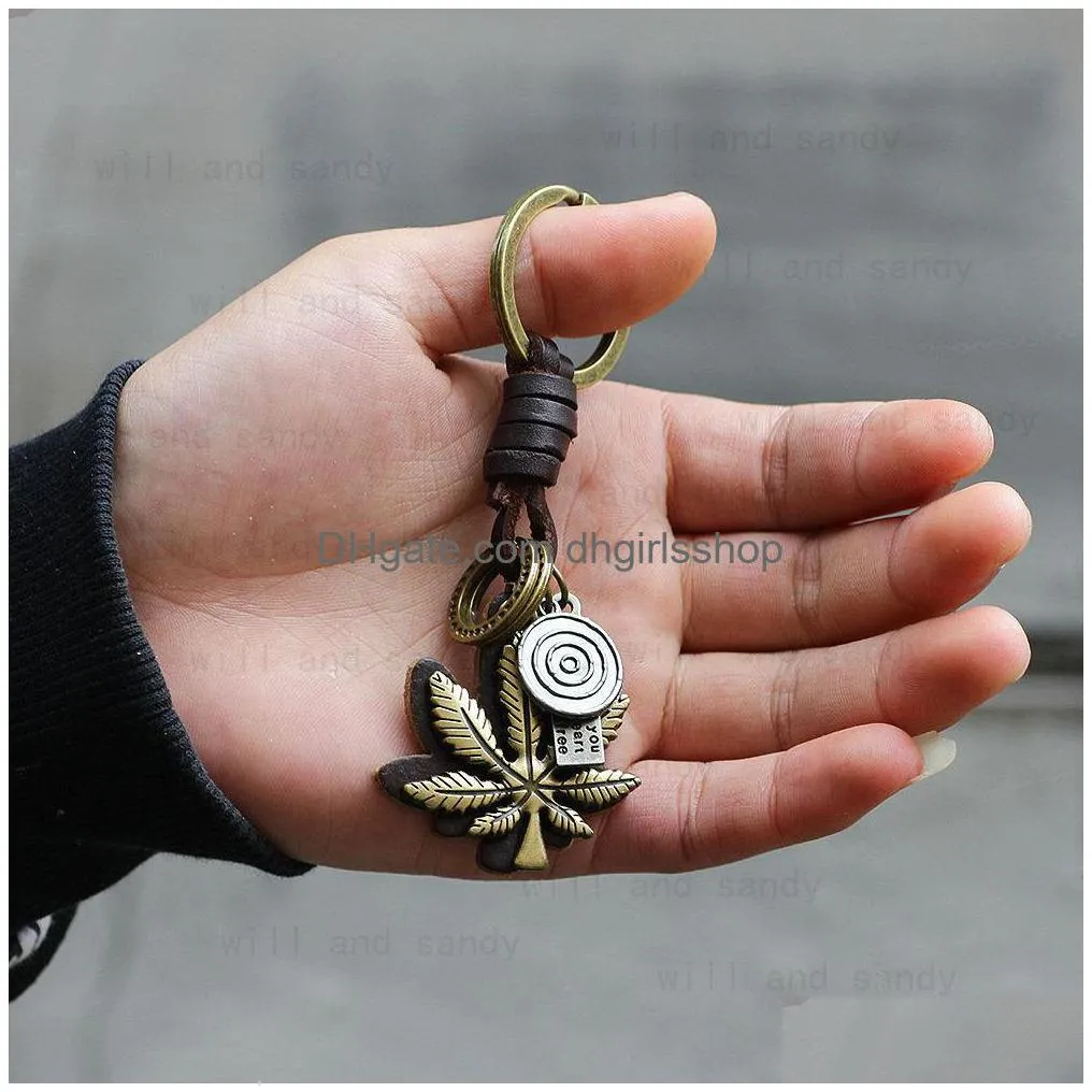 Key Rings Retro Metal Maple Leaf Key Rings Keychain Leather Keyring Bag Hangings Ornament Fashion Jewelry Jewelry Dh2Cl