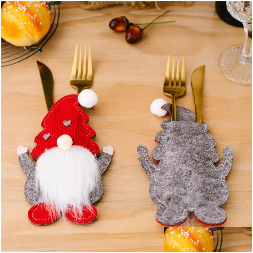 Christmas Decorations Christmas Cutlery Set Bag Dwarf Knife And Fork Faceless Old Man Tableware Xmas Table Decoration Home Garden Fest Dhbvk