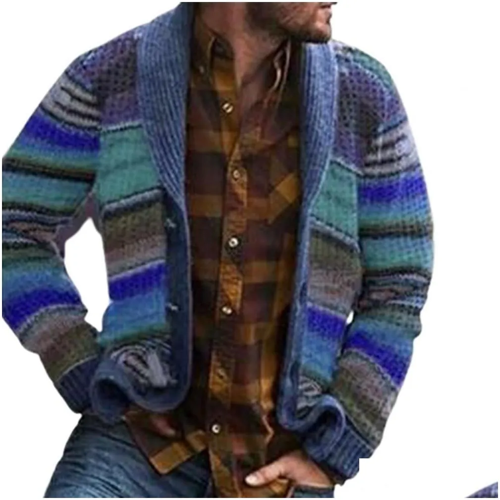 Men`S Jackets Mens Jackets Western Style Sweater Cardigan Knitwear Autumn Color Block Rainbow Striped Tops Cardigans 230923 Apparel Me Oto03