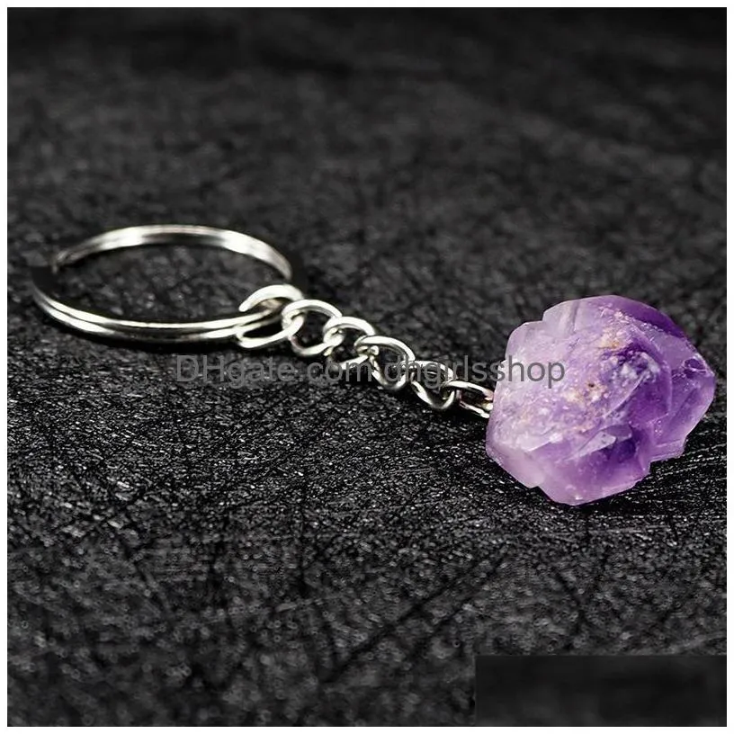 Key Rings Natural Stone Amethyst Keychain Rough Mineral Specimen Single Crystal Irregar Key Ring Bag Hanging Jewelry Pendant Will And Dhpce