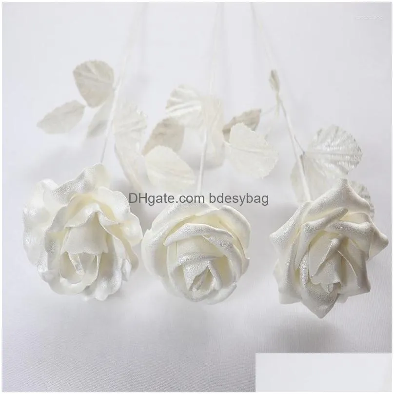 Decorative Flowers 10Pcs/Lot White Rose Artificial Flower Pe Flash For Home Wedding Decoration Single Christmas Party Fake Branch Dh9Hi