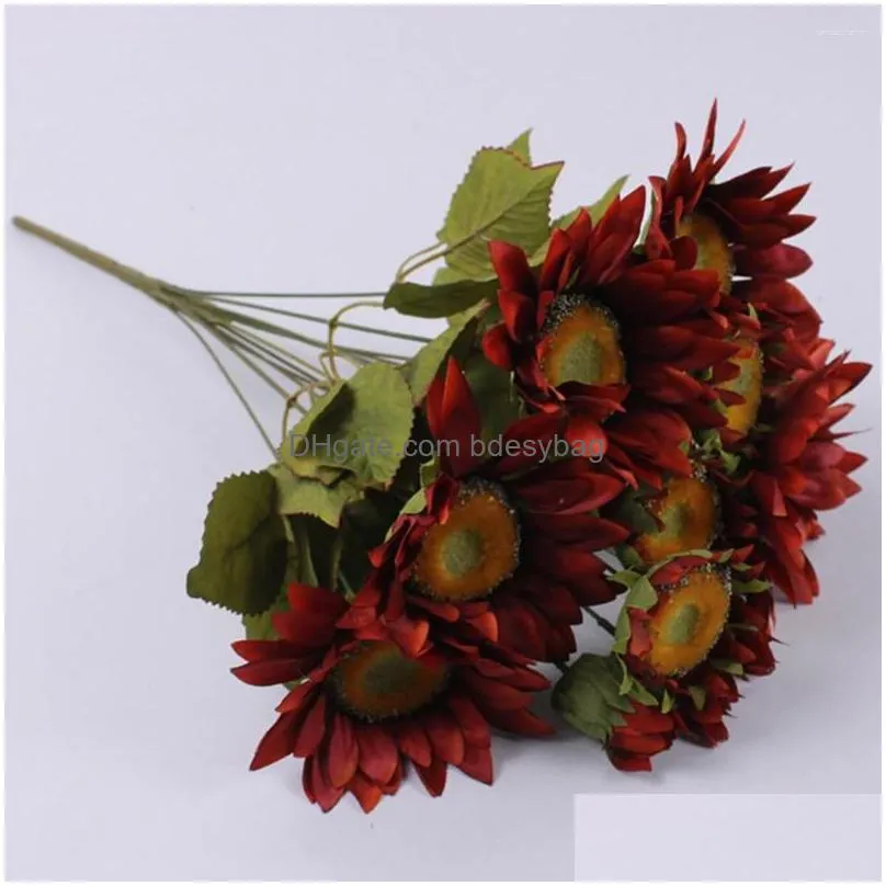 Decorative Flowers 13 Heads Artificial Fake Sunflowers Plastic Plants Wedding Garden Decoration Bouquet Flower Dhypo