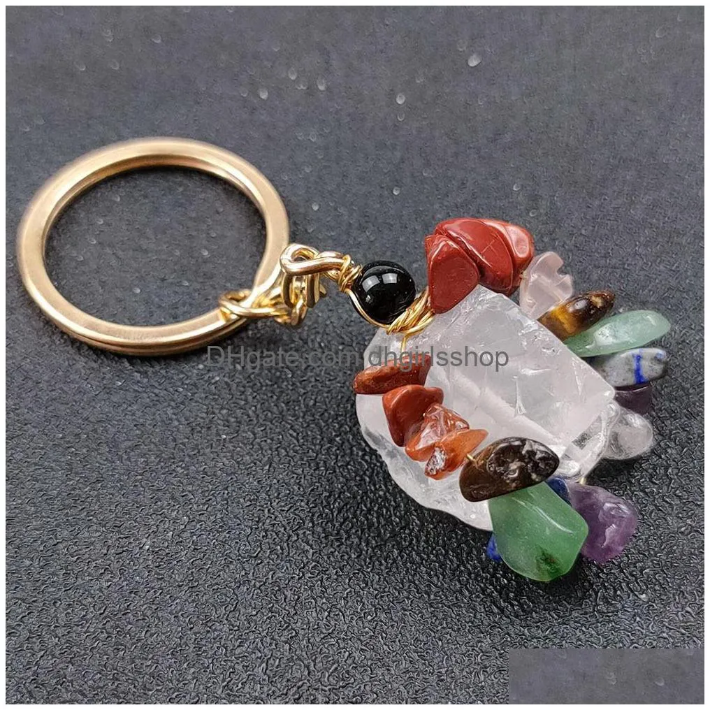 Key Rings Folk Crafts Gemstone Natural Stone Key Ring Quartz Rough Amethyst Tiger Eye Crystal Keychain Agate Ore Meditation Pendant Ha Dh7Mk