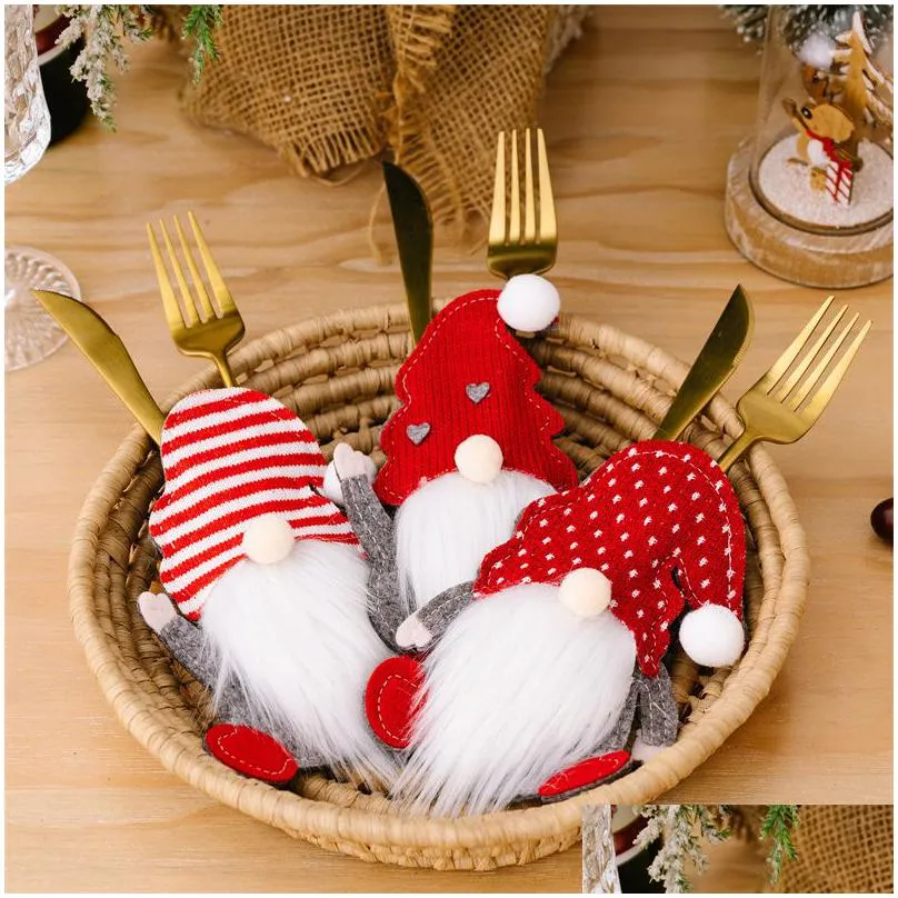 Christmas Decorations Christmas Cutlery Set Bag Dwarf Knife And Fork Faceless Old Man Tableware Xmas Table Decoration Home Garden Fest Dhbvk