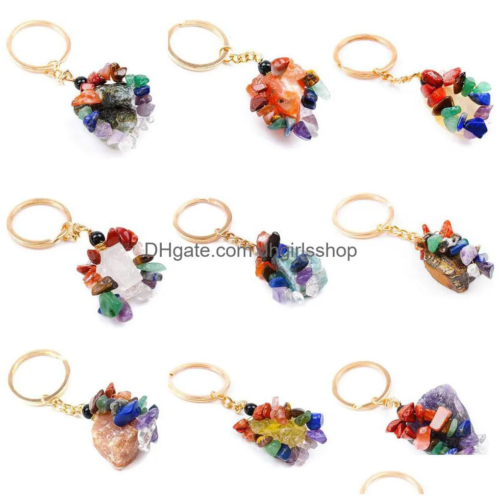 Key Rings Folk Crafts Gemstone Natural Stone Key Ring Quartz Rough Amethyst Tiger Eye Crystal Keychain Agate Ore Meditation Pendant Ha Dh7Mk