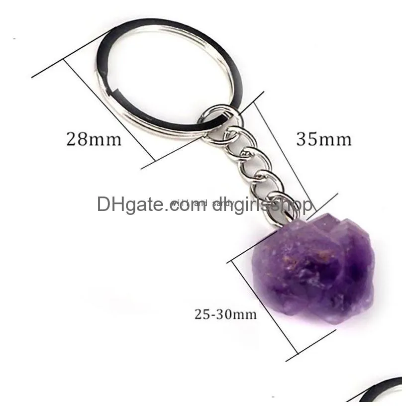 Key Rings Natural Stone Amethyst Keychain Rough Mineral Specimen Single Crystal Irregar Key Ring Bag Hanging Jewelry Pendant Will And Dhpce