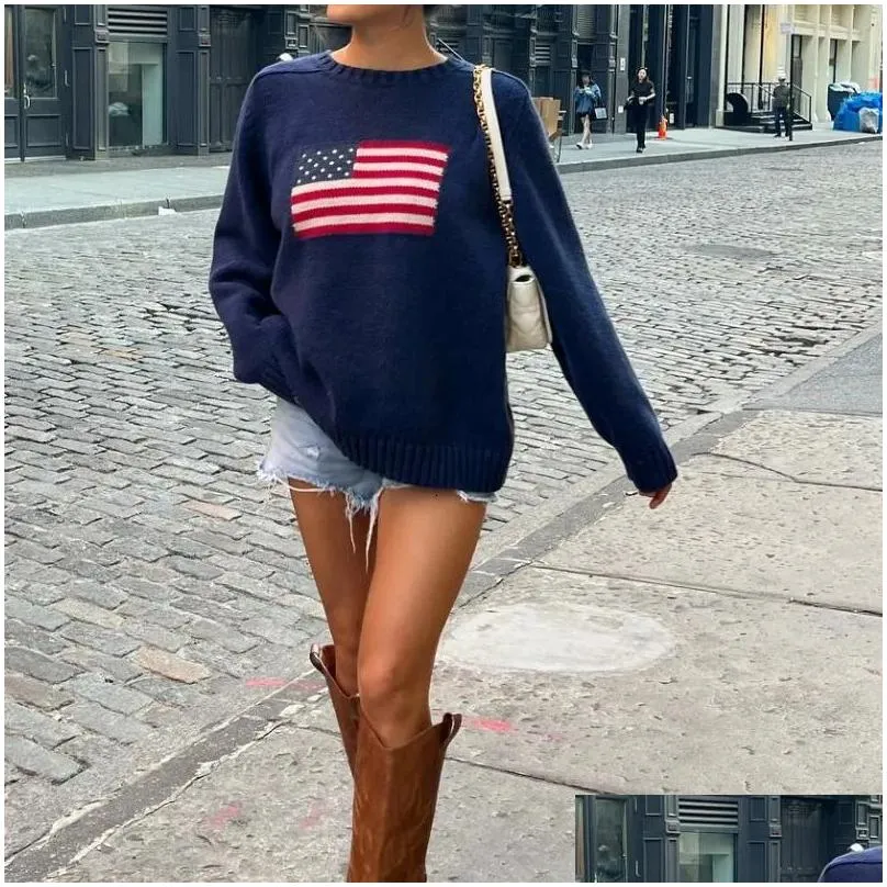 Women`S Sweaters Womens Sweaters Women Flag Vintage Casual Long Sleeve Crew Neck Loose Fit Knit Plover Jumper Y2K Aesthetic Harajuku A Otlal