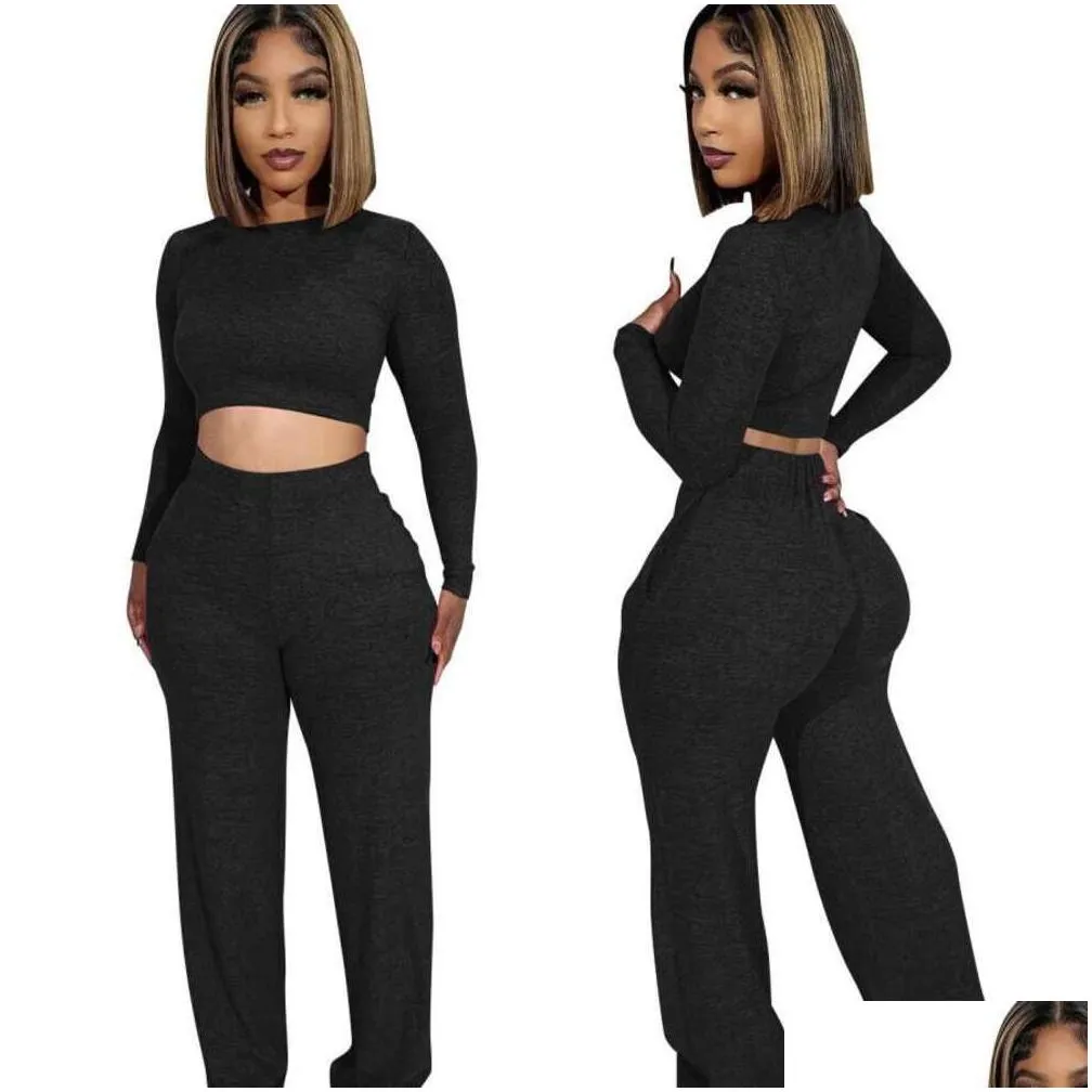 Women`S Tracksuits Women Fall Clothes New Fashion Open Button Long Sleeve Top Pants Casual Two Pieces Set Wid Leg Apparel Women`S Clot Otohg
