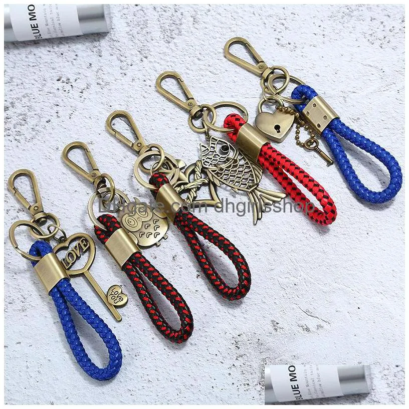 Key Rings Weave Key Ring Retro Bronze Heart Whistle Owl Fish Charm Keychain Handbag Hangs Fashion Jewelry Will And Jewelry Dh95G