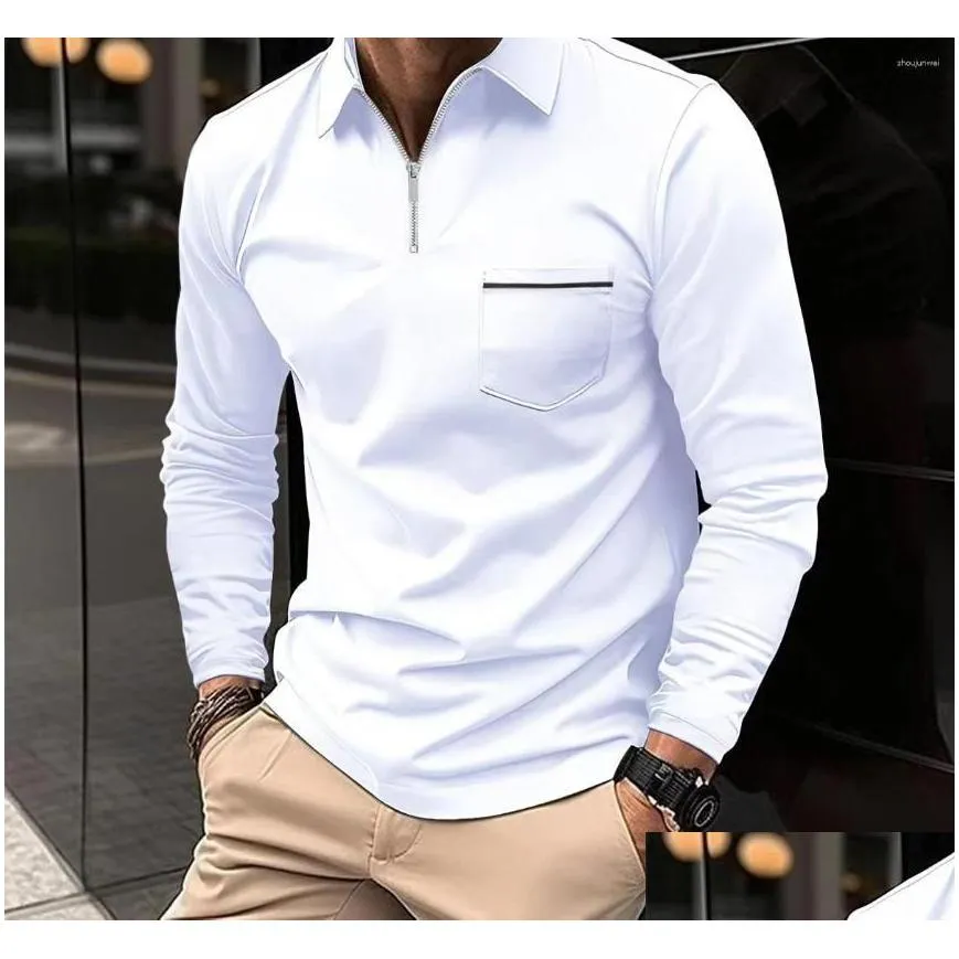 Men`S Polos Mens S T-Shirts For Men Fashion Versatile Casual Solid Color Zip Pocket Long Sleeved Sports Loose Fitting Shirt Autumn 202 Otz4M