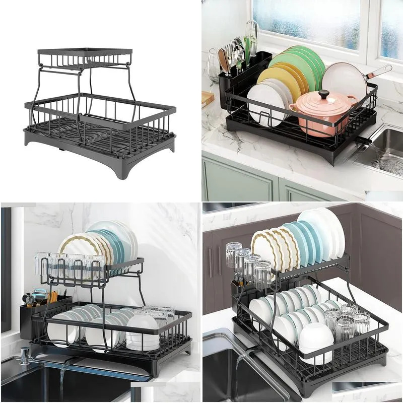 Dish Racks Table Top With Water Receiving Tray Chopsticks Tube Rack Cup Kitchen Sink Single Layer Double Bowl And Dish Drainage Home G Ot5Lu