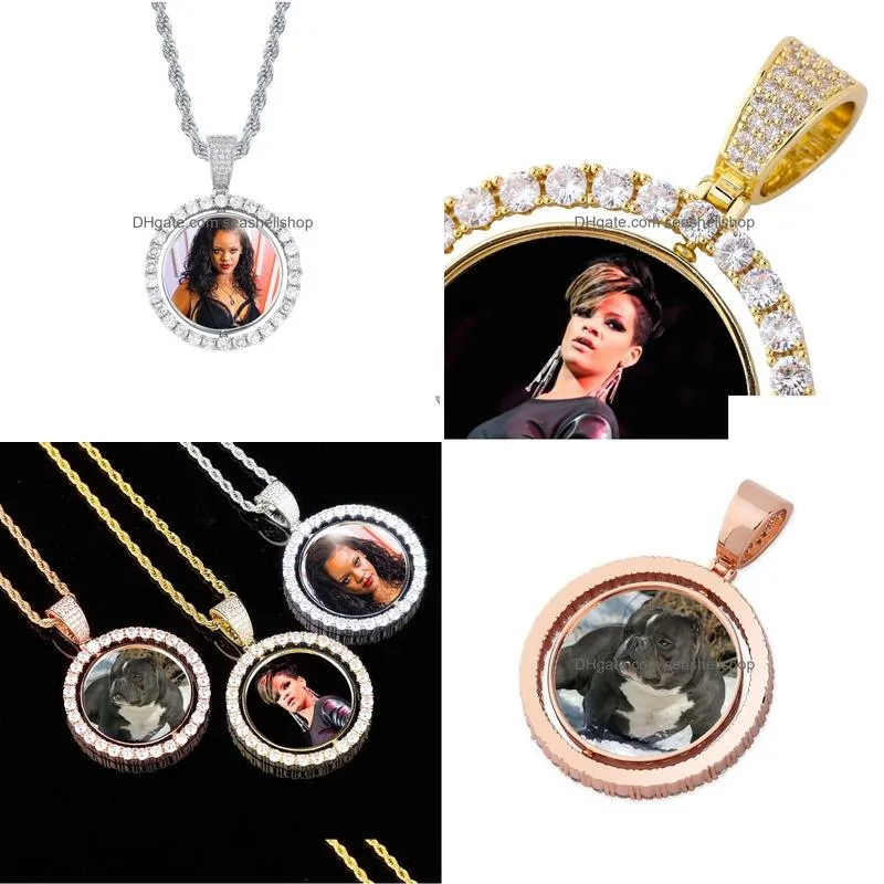 Pendant Necklaces Custom Po Frame Memory Medallions Pendants Necklace Two Sides Rotatable Men Women Bling Iced Out Male Hip Hop Rapper Dhpar