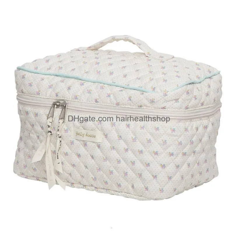 Cosmetic Bags Cosmetic Bags Cute Quilted Cotton Bag Womens Zipper Organizer Fabric Handbag Box Shape 230426 Health Beauty Makeup Makeu Dhpc4
