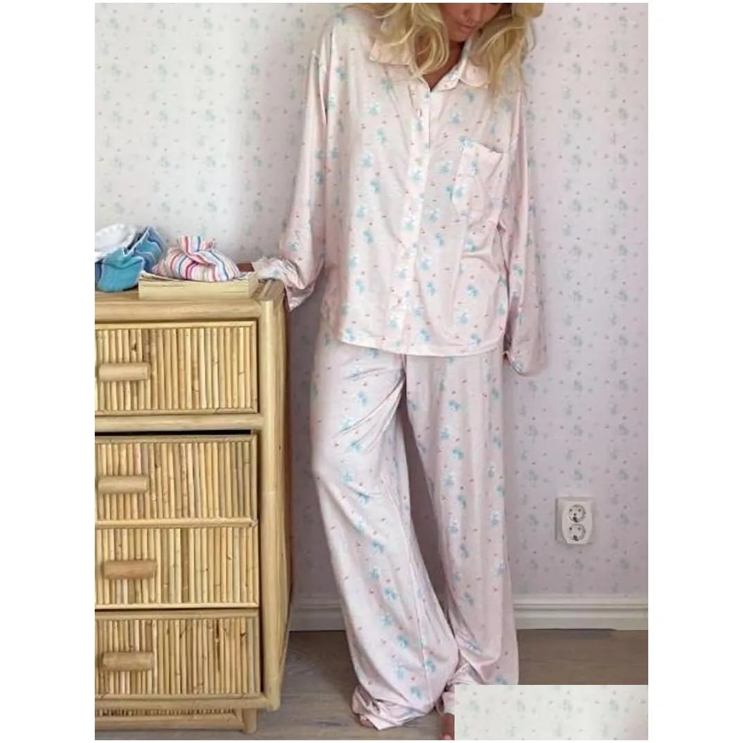 Women`S Sleepwear Womens Sleepwear 2 Piece Printed Pajama Set For Women Cute Stberry Floral Fruit Pattern Shirt Pants Button Up Outfit Otnn7