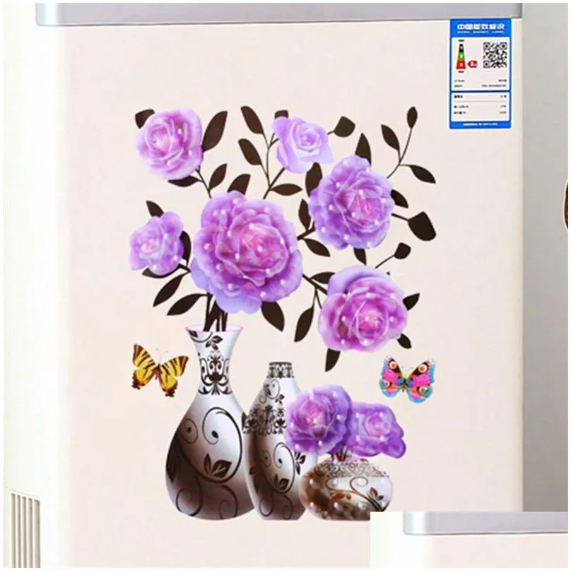 Other Decorative Stickers 3D Stereo Wall Stickers Simation Flower Vase Self-Adhesive Aesthetic Romantic Mural For House Room Door Frid Dhr9L
